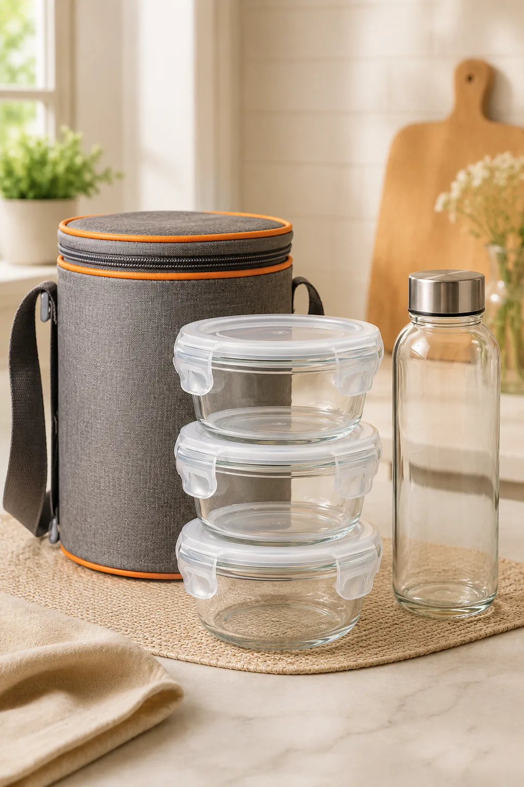 Glass Lunch Box Set  with Glass Bottle & Bag